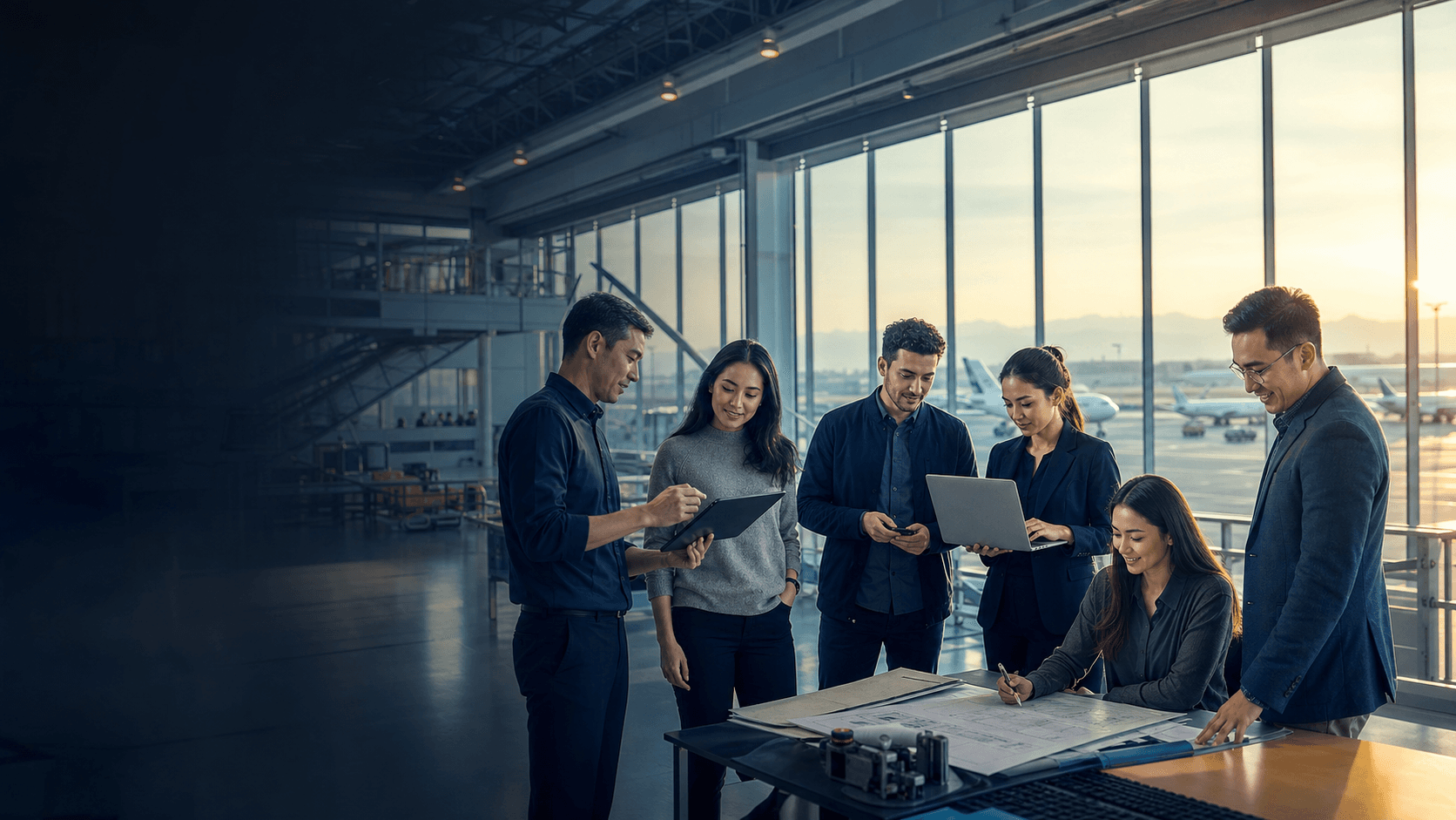 Conceptual team of aviation professionals in a modern workplace